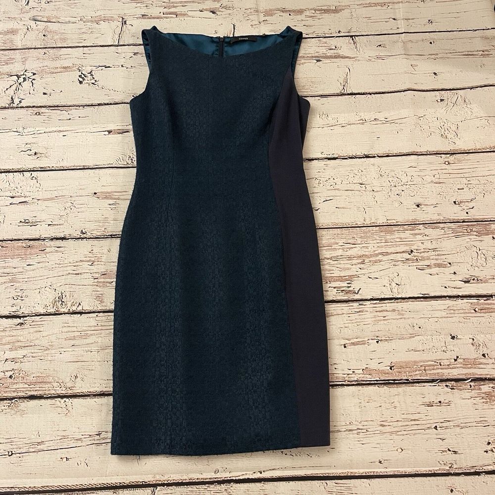 TAHARI Sheath Blue Teal Green Woven Tweed‎ Front  Dress Business Career Size 4